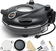 Electric Pizza Oven Countertop, 12" Indoor Pizza Oven Pizza Maker Heats up to 420℃, Portable Pizza Cooker with Pizza Stone & Grill Pan, Built-in Thermometers, Timer, Viewing Window Black