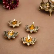 Brass Lotus Design Diya Lamp Set of 4 Home Temple Puja Worship Article