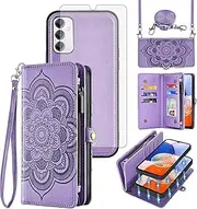 [Asuwish] Phone Case for Samsung Galaxy A14/M14 5G Zipper Wallet Detachable Cell Cover with Tempered Glass Screen Protector Crossbody Strap Flower Card Holder Slot A 14 4G 14A 14M G5 Women Girls Purple