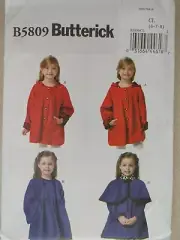 Butterick Pattern B5809 Girls' Coat Detachable Hood Capelet Sizes 6 7 8