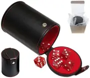 Set of (6) Red Marbleized Dice + Black PU Leather Red Felt Lined Cup Compartment