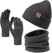 [OZERO] Winter Beanie Gloves Scarf set Men and women Scarf Gloves Set Winter Warm Knitted beanie and Touch screen gloves