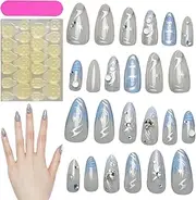 Blue Press on Nails - Acrylic Medium Press on Nails - Artificial Homemade Fingertip with French Tip, Women Hand Beauty for Women Girls