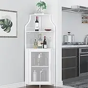 Corner Wine Bar Rack Cabinet with Detachable Wine Rack, Bar Cabinet with Glass Holder, Small Sideboard and Buffet Cabinet with Mesh Door (White)