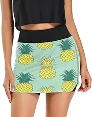 [RPLIFE] Bright Pineapple Print Light Green Summer Golf Skirt, Mini Skorts Skirts, Mini Skirts Women Athletic