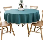 BHOMTY Cotton Linen Round Tablecloth, for Dining Table, Coffee Table, Machine Washable, Peacock Blue Diameter 90cm