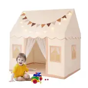 Kids Play Tent Playhouse Childrens Princess Castle Indoor Outdoor with Mat Star Lights Banner 1 Door 3 Windows Toys Boys Girls House Cottage