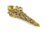Twin Peacock Design Round Brass Pooja Aarti Spoon, Hawan Spoon for Pouring Ghee