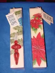 (2) Bill Blass POINSETTIA & ORNAMENT Pillar CANDLES Christmas Tall 10" In. (NEW)