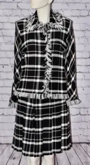 ST. JOHN KNIT B&W Plaid Pleated Skirt Fringe Long Sleeve Jacket SET Size 8 NWT