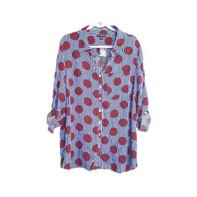 Autograph Shirt Plus Size 18 Blue Red Stripe Spot Roll Tab Sleeve Casual Viscose