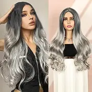 QUEENTAS 24 Inch Long Grey Wigs for Women Glueless Wavy Curly Wig Synthetic Hair Wig