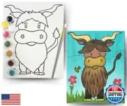 Paint Your Own Pre-Drawn Canvas Kit for Kids, Highland Cow Theme, DIY Paint P