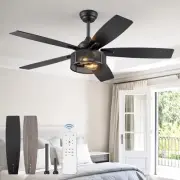 Farmhouse Ceiling Fans with Lights and Remote, 52 Inch Industrial Black Caged...