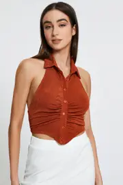 Brown Button Front Top Sleeveless - Size S, Women's Tank Semi Crop