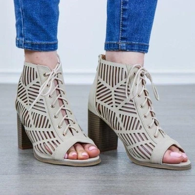 Ankle Boot Chunky Block Heel Peep Toe Sleek Cutout Laced Up Back Zipper Beige