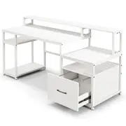 Giantex 168cm Wooden Computer Desk Study Writing Table Home Office Workstation w/File Drawer & Open Shelves White