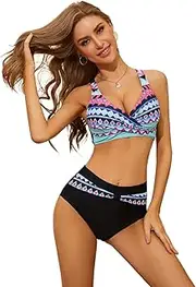 [FRODQYX] Women 2 Piece Swimsuits Wrap Front Bikini High Waisted Bottom Tummy Control Bathing Suits Vintage Print Swimwear
