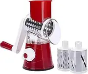 Multi-Functional 3 in 1 Vegetable Fruit Cutter Slicer Cheese Shredder, Speedy Rotary Drum Grater Slicer with 3 Stainless Steel Blade Hand-Pedal Chopper (Red)