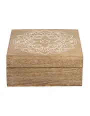 [Willow & Silk] Wooden Handmade Carved Mandala Trinket Box 14cm in Brown