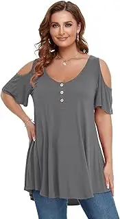 [LARACE] Cold Shoulder Tops For Women Plus Size Tunic V Neck Tie Dye Shirt Short Sleeve Button Up Summer Clothes