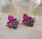 CUTE MAGENTA PINK EMERALD GREEN LILAC PURPLE CRYSTAL STUD STATEMENT EARRINGS AU
