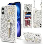 Cavor Vertical Flip Cover for iPhone 16 Leather Case 6.1'' Crossbody Wallet Card Slots with 360°Rotation Ring Holder Kickstand & Long Shoulder Lanyard Strap-White Leopard