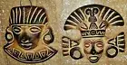 2 RARE Terracotta Clay Aztec Mayan Mexican Wall Hanging Face Mask 7" X 6"