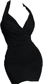 [Generic] Sexy Ruched Bodycon Mini Dress for Women Fashion Halter Wrap V Neck Backless Solid Color Party Club Cocktail Dresses