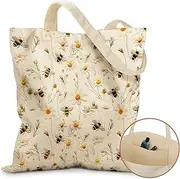 [Miss Adola] Tote Bag for Women - Canvas Bag with Pockets Reusable Aesthetic Design Cute Lady Work Shopping Cotton Totes