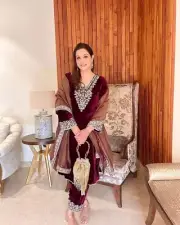 Maroon Velvet Straight Kurta Pant Set with Sequins Embroidery & Rivet Moti Work