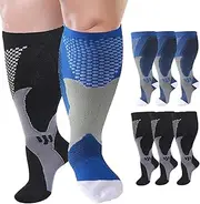 [Cheeroyal] 6 Pairs plus size compression socks wide calf for Men Women 20-30mmhg for Running Travel Flight Teachers Older Adult (5XL, Black+Blue), Black+blue, XX-Large