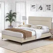 Familand Queen Bed Frame with Headboard, Linen Upholstered Bed Frame Queen Size with Wood Slats Support, No Box Spring Needed, Heavy Duty Feet, Wooden Slats Support, Max Capacity 300kg, Cream