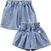 [Amur Leopard] Children's Girls' Denim Shorts 2-Pack Casual Thin Shorts for Summer, Blue C, 152-158