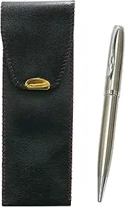 Red Stitched Faux Leather Pen Case Elegant Silver Rotating Ballpoint Pen Set of 2 T23-RBR-LF01CB-2