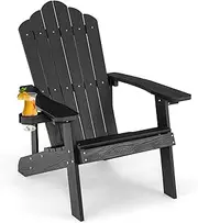 Giantex Outdoor Adirondack Chair - Oversized Patio Chairs w/Hidden Cup Holder, Realistic Wood Grain, 380 LBS Weight Capacity, Weather Resistant Firepit Chairs for Backyard, Garden (1, Black)