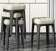 4 Pcs Space Saving Stackable Modern Plastic Round Stools Chair Dining Room Furniture with Non-Slip Footpads Comfortable Seat Cushion for Home Living Room