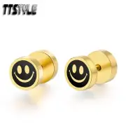 TTstyle Two-Tone Gold Black Surgical Steel Smile Face Fake Ear Plug Earrings