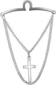 [runootPR] Men's Silver Tie Chain 2.4" Simple Cross Tie Clip with Double Chain Business Jewelry Gift, 2.4", Brass, No Gemstone