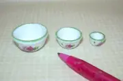 Miniature Shabby Chic Pink/Green Ceramic Rose Nesting Bowls (3): DOLLHOUSE 1:12