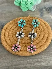 Handmade Sterling Silver, Turquoise & Multi Stone Post Dangle Cluster Earrings
