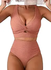 [Herseas] Women's Textured Bikini Sets Twist Front Top Swimsuits High Waisted Bathing Suits