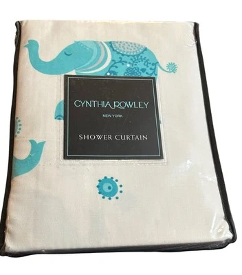 Cynthia Rowley Decorated Elephant Fabric Shower Curtain Blue & White 72" New