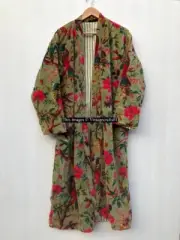 Green Bird Printed Velvet Banyan Fabric Kimono Cotton Velvet Robe Long Jacket