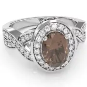 Three Stone Smoky Quartz Diamond Peekaboo Halo Engagement Ring In 14k Solid Gold