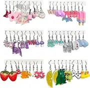 GIFIKOI 30-40 Pairs Weird Cute Funny Earrings Gummy Bear Duck Mushroom Fruit Flowers Drop Dangle Earrings for Women Aesthetic Earrings Food Animal Earrings Bulk, Acrylic Metal, cubic-zirconia