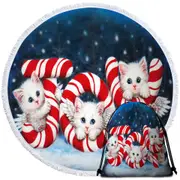 Christmas Joy Three Cute Angel White Kittens Round Beach Towel
