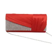 Womens Satin Evening Clutch Rhinestone Purse-Red