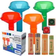144 Pcs Assorted Preformed Coin Wrapper Rolls with Color Coded Coin Counter T...