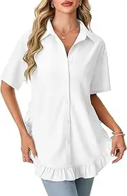 [LYANER] Women's Ruffle Hem Collar Neck Drop Shoulder Short Sleeve Split Button Down Casual Shirt